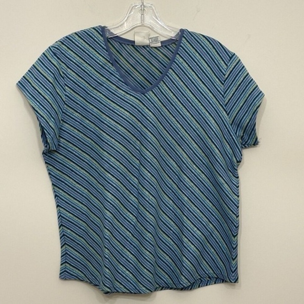 Faded Glory Womens V-Neck Metallic Striped Top Blue Green L F6062112